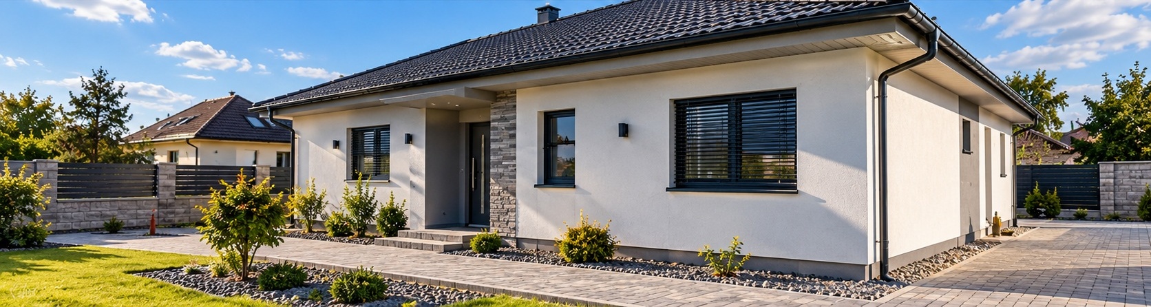 Menší rodinný dům s dokončovanou fasádou a dlažbou